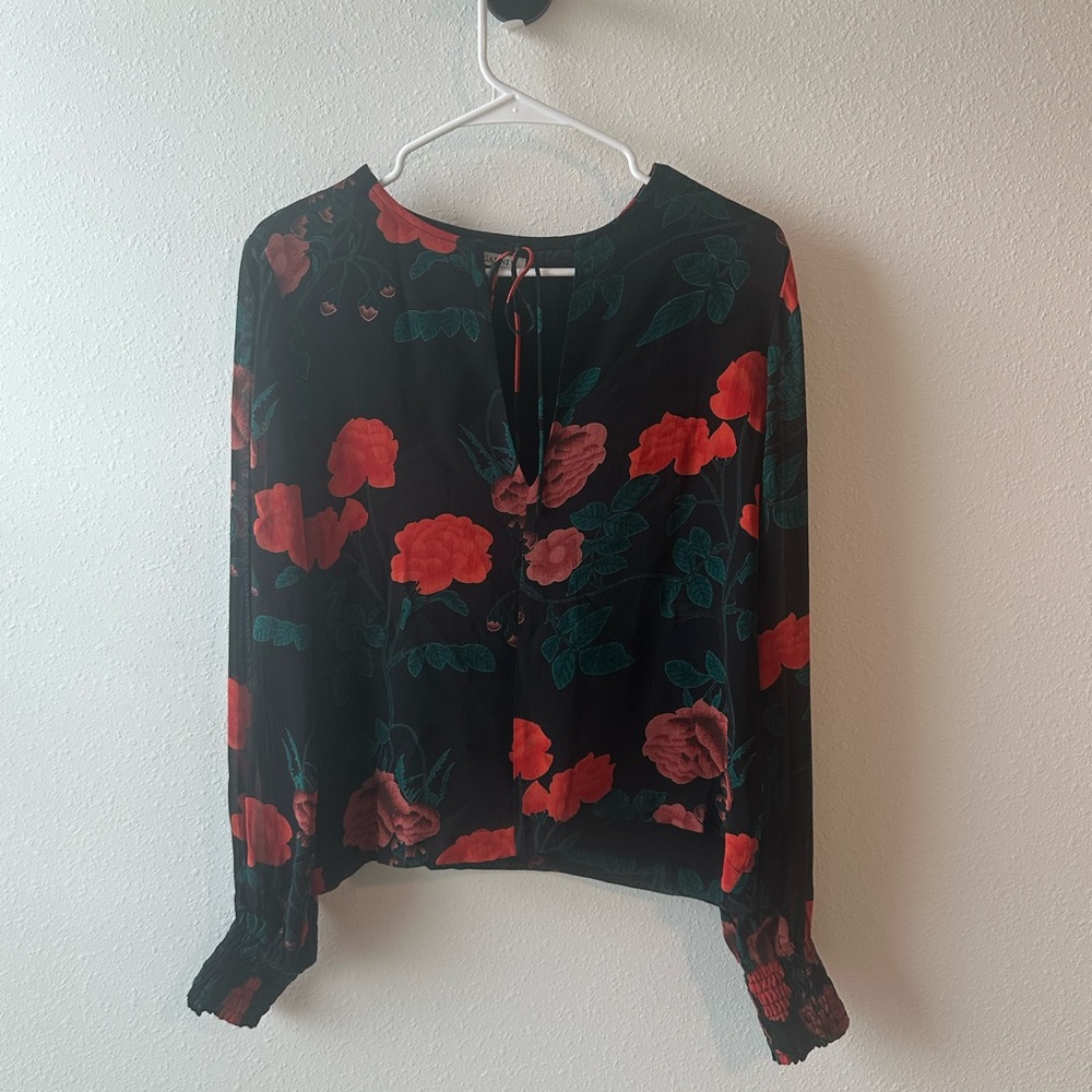 Ganni Black and Red Floral Blouse